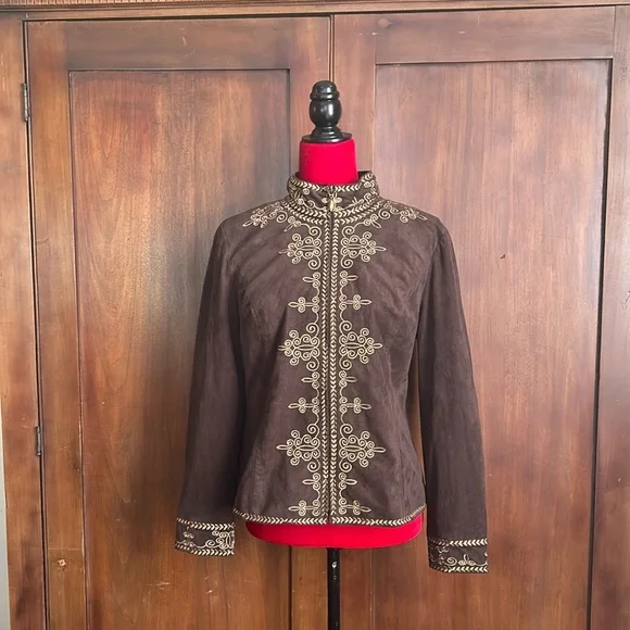 Vintage Chocolate Brown Microsuede Embroidered Jacket PM - Picture 3 of 11